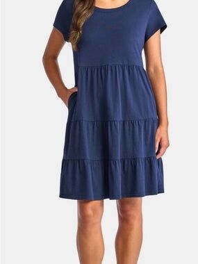 Time and Tru Navy & Orange Short Sleeve Tiered Midi Dress large